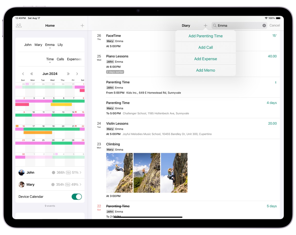 Child Custody Diary App on iPad