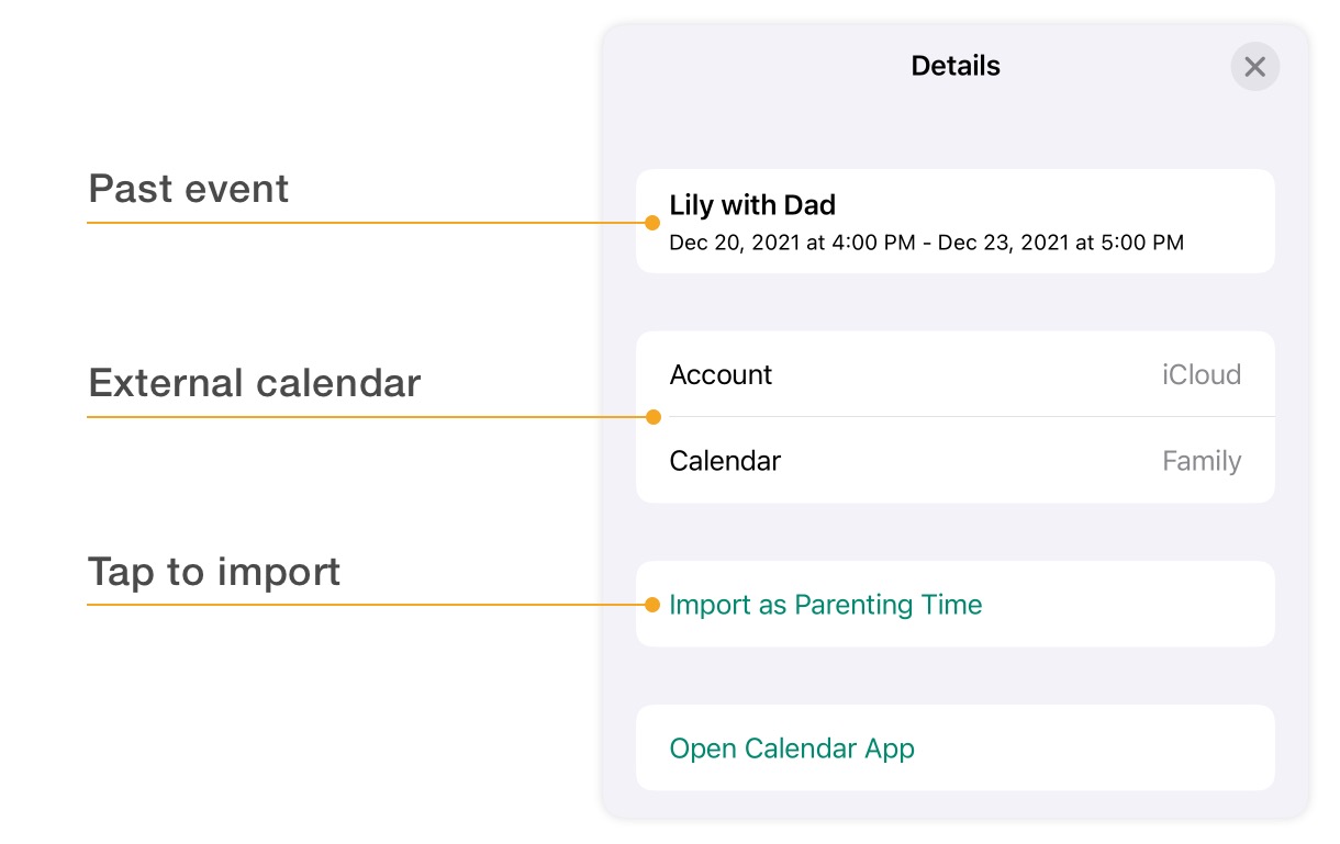 Importing custody history from an external calendar, e.g. Google Calendar